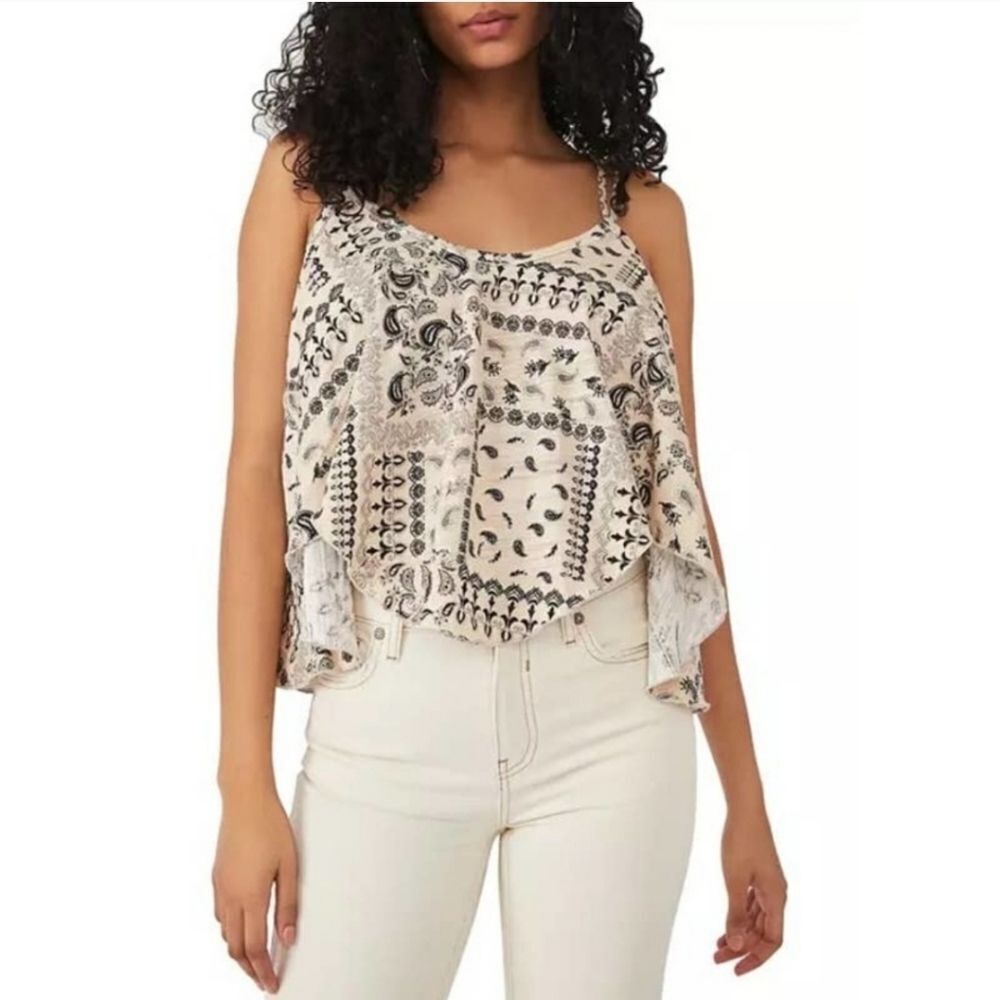 Free People We The Free Beige/Black Floral Paisley Strappy High Low Shirt